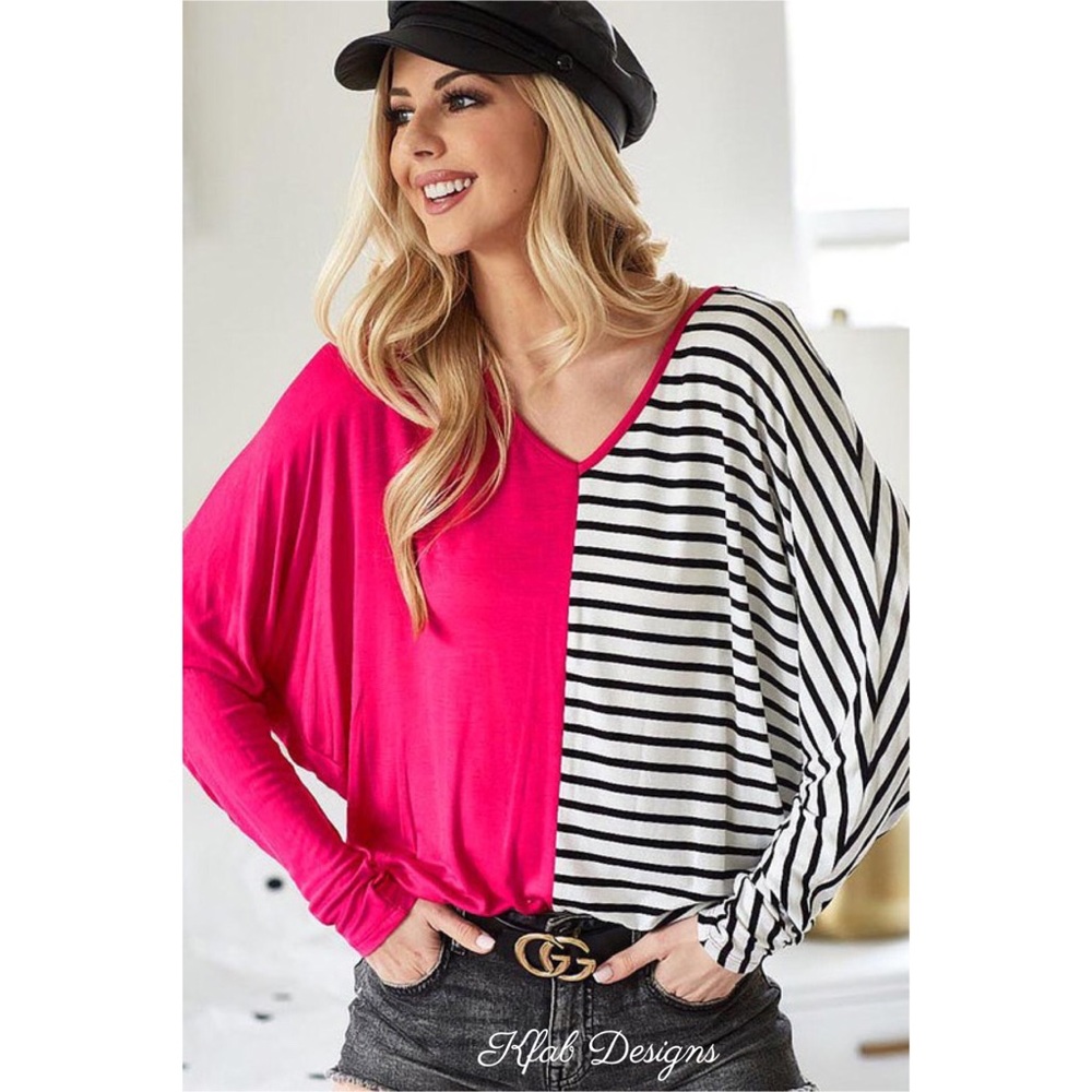 💖LAST 1! V Neck Fuchsia Color Block Stripe Top! - Picture 4 of 12